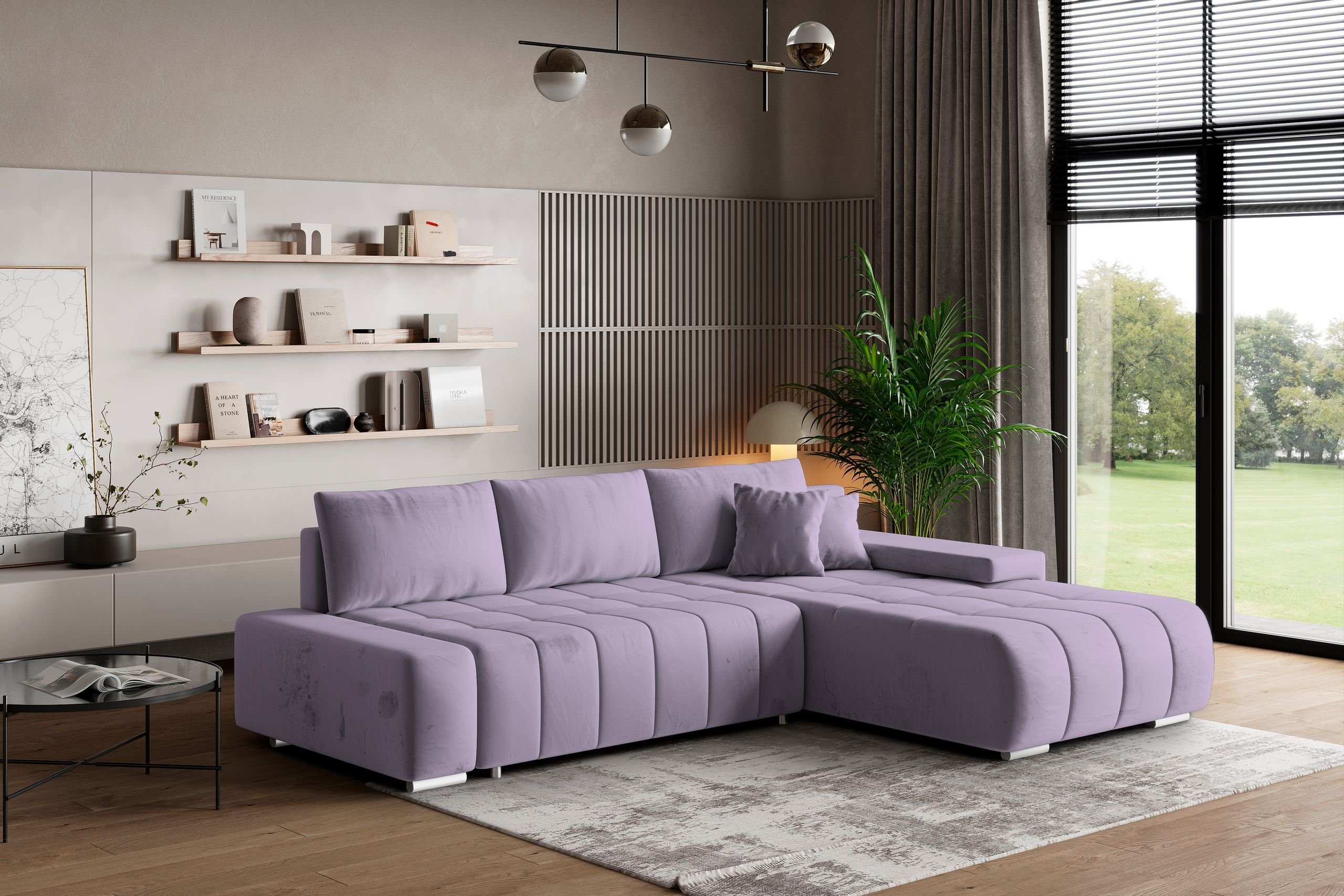 Masseno Narożnik ALESE R-S z funkcją spania i pojemnikiem na pościel Kształt L, Rozkładana sofa, Rogówka - Pudrowy róż, MONOLITH 62