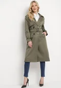 Płaszcze damskie - Ciemnozielony Długi Płaszcz Trencz o Klasycznym Fasonie z Paskiem Nasde - miniaturka - grafika 1
