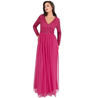 Sukienki - Maya Deluxe Damska Sukienka Rękaw Na Ślubny Goście V Neck High Empire Talii Maxi Długa Długość Wieczorna Bridesmaid Prom Sukienki, Fuschia, 46 Kobiet, Fuschia, 42 - grafika 1