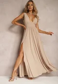 Sukienki - Beżowa Sukienka Wieczorowa na Ramiączkach z Dekoltem w Szpic i Rozcięciem Nestanni - miniaturka - grafika 1