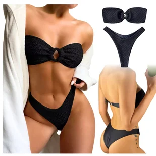 STRÓJ KĄPIELOWY KOSTIUM DWUCZĘŚCIOWY BIKINI BANDEAU RING CZARNY BARDOTKA S - Stroje kąpielowe - miniaturka - grafika 1
