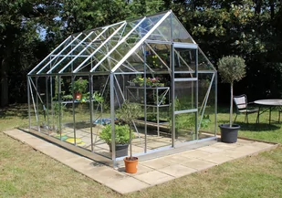 HALLS szklarnia ogrodowa Universal 128 srebrna (9.9 m2; 2,57 x3,84 m), szkło hartowane + baza - Szklarnie ogrodowe - miniaturka - grafika 1