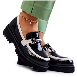 S.Barski Lakierowane Damskie Półbuty Loafery Czarno-Białe Cassida czarne - Półbuty damskie - miniaturka - grafika 1