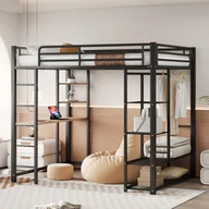Łóżka dla dzieci i młodzieży - Łóżko antresola 140x200cm z metalu - ze stołem i półkami - Czarne - miniaturka - grafika 1