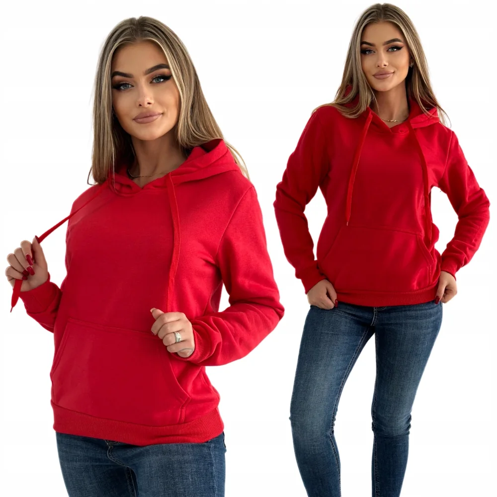 BLUZA DAMSKA BASIC CZERWONA Z KAPTUREM - KLASYKA L bawełniana, bez zapięcia, długi rękaw, casualowa