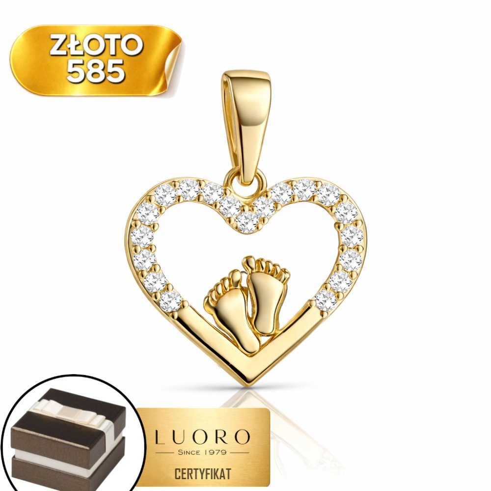 ZAWIESZKA ZŁOTA 585 14K SERCE Z CYRKONIAMI I STÓPKI ELEGANCKA 1,8 CM