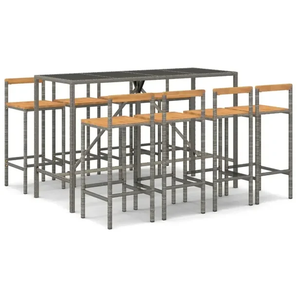 Zestaw mebli barowych szary rattan PE, 1 stolik 180x70x110 cm, 8 krzeseł 4