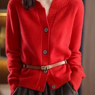 Swetry damskie - TEMU Sweter damski casualowy - żywa czerwień, luźny krój z otwartym przodem i złotymi guzikami oraz paskiem, okrągły dekolt, lekki sweter na każdą - miniaturka - grafika 1