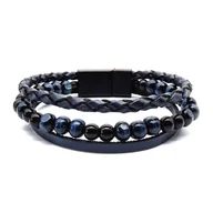 Bransolety męskie - Bransoletka granatowa skórzana - skóra naturalna rzemyki + koraliki EM - EM Men's Accessories - miniaturka - grafika 1