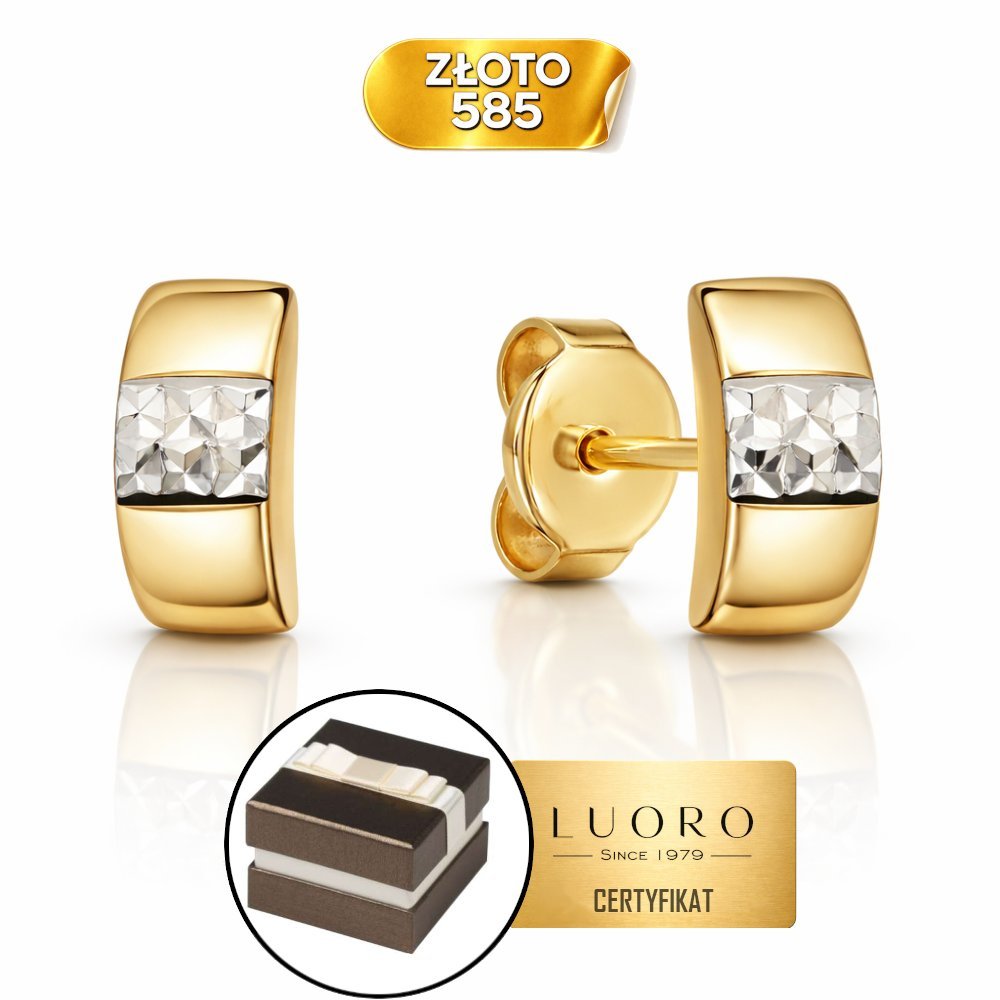 KOLCZYKI ZŁOTE 585 14K DIAMENTOWANE DWUKOLOROWE NA SZTYFCIE 9 MM