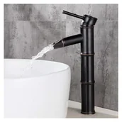 Baterie umywalkowe - Bateria łazienkowa, bateria umywalkowa mosiężna, bateria jednouchwytowa w kolorze antycznego czarnego mosiądzu i bambusa, model wysoki - miniaturka - grafika 1