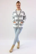 Swetry damskie - Zapinany ciepły sweter w pasy Karla Biało-turkusowy UNI - miniaturka - grafika 1