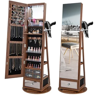 zamykana szafka na biżuterię 164 cm, obrotowy organizer na biżuterię 360° z oświetleniem LED, stojak na suszarkę do włosów, lusterko do makijażu i półka, pełne lustro bez ramy z miejscem do przechowywania - Szafki łazienkowe - miniaturka - grafika 1