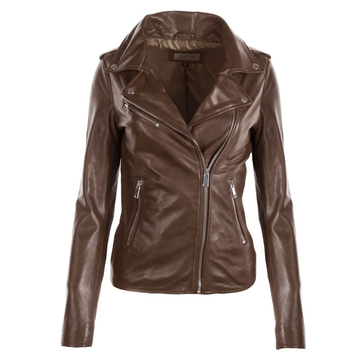 Kurtka damska skórzana Chyston Hortence brązowa ramoneska-M