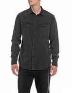 Koszule męskie - Replay Męska koszula dżinsowa z długim rękawem z bawełny, 097 Dark Grey, M - miniaturka - grafika 1