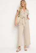 Kombinezony - Beżowy Kombinezon z Krótkim Rękawem i Szerokimi Nogawkami z Materiałowym Paskiem Floeria - miniaturka - grafika 1