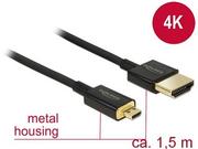 Kable komputerowe i do monitorów - KABEL HDMI(M)->HDMI MICRO(M) 1.5M 4K 60HZ 3D CZARNY SLIM PREMIUM DELOCK em - miniaturka - grafika 1