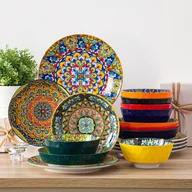 Inne - TEMU Zestaw porcelanowy w stylu boho, 18 sztuk, zawiera talerze obiadowe, tace do zupy i miski na płatki śniadaniowe, obsługa dla 6 osób - miniaturka - grafika 1