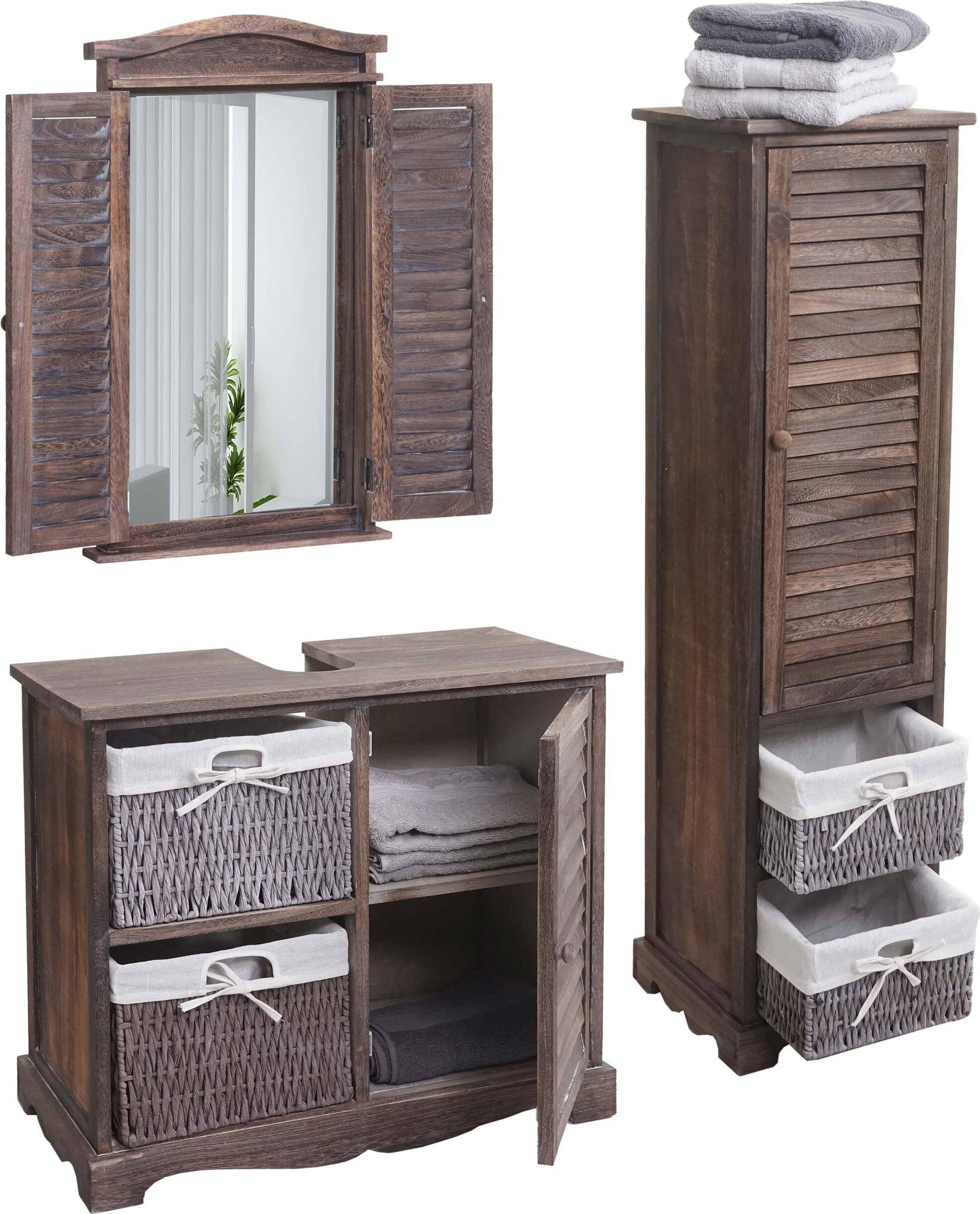 Zestaw łazienkowy HWC-H20, zestaw mebli łazienkowych wysoka szafka umywalka toaletka lustro ścienne ~ shabby brown