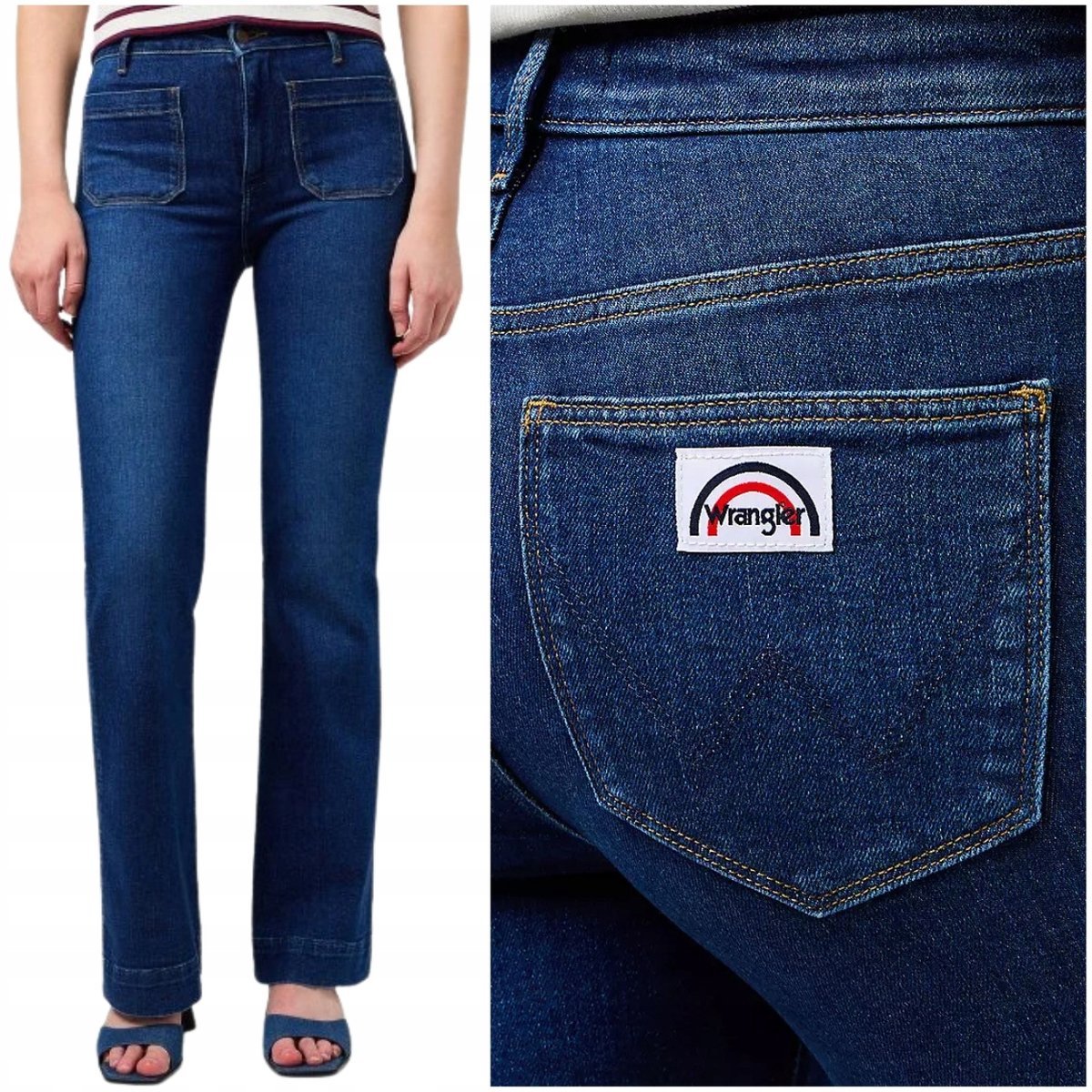 Wrangler Flare Dark Wash granatowe damskie spodnie jeansowe dzwony W34 L32