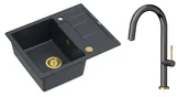 Zlewozmywaki z baterią - Quadron Unique Zlewozmywak granitowy jednokomorowy 62*50*22 cm z ociekaczem MORGAN 116 BLACK DIAMOND z syfonem Push-2-Open w kolorze złotym z baterią HALEY T LINE GRAPHITE METAL kolor grafit/wykończenie złote - miniaturka - grafika 1