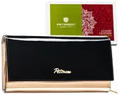 Portfele - Portfel damski skórzany Peterson błyszczący na zatrzask duża pojemna portmonetka na karty i gotówkę, czarny różowe złoto - miniaturka - grafika 1