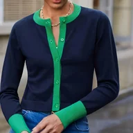 Swetry damskie - TEMU Damski kardigan z kolorowymi blokami w niebiesko-zielonym odcieniu - swobodny, lekki sweter z długim rękawem i wycięciem w kształcie litery V, z - miniaturka - grafika 1