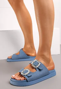 Niebieskie Klapki z Dwiema Klamrami Ozdobionymi Cyrkoniami Zellema - Klapki i japonki damskie - miniaturka - grafika 1