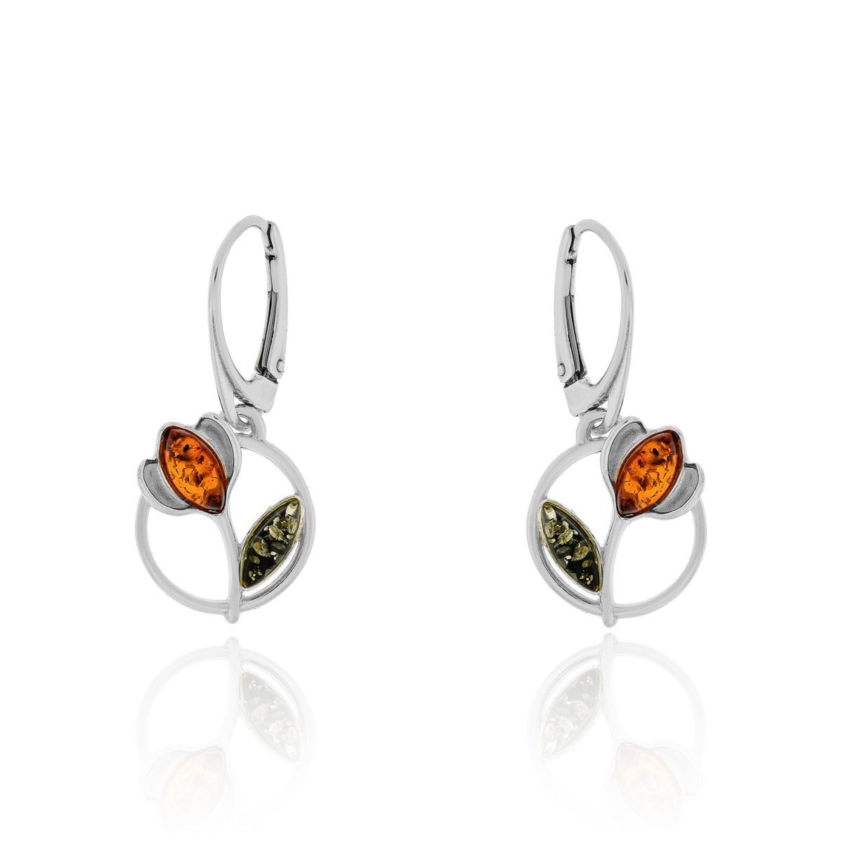 Srebrne kolczyki z bursztynem kwiatki, bigiel pr. 925