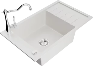 Mexen Elias zlewozmywak granitowy 1-komorowy z ociekaczem i baterią kuchenną Carla, biały - 6511-20-670700-00 - Zlewozmywaki z baterią - miniaturka - grafika 1