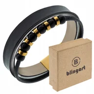 Bransolety męskie - Bransoletka męska SKÓRZANA podwójna szeroka KORALIKI stal chirurgiczna - miniaturka - grafika 1