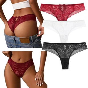 3x Stringi damskie z koronki – zestaw: biały, czarny, czerwony - Majtki damskie - miniaturka - grafika 1