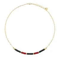 Naszyjniki - Naszyjnik damski z czerwonym koralem i czarnym onyksem na złotym łańcuszku - Manoki - miniaturka - grafika 1