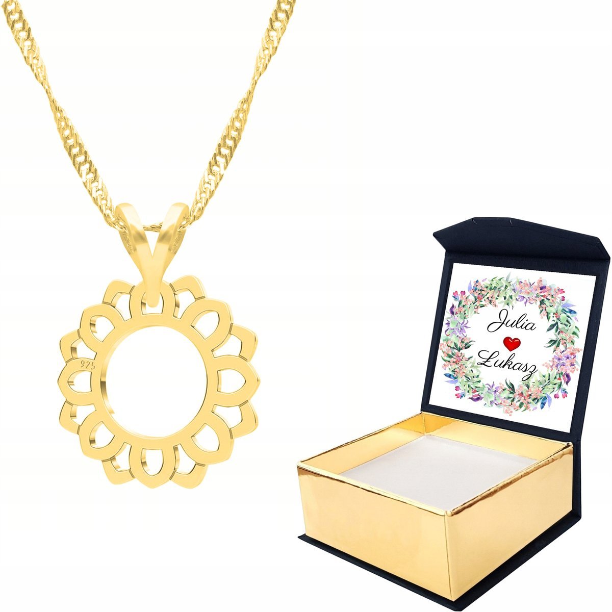 Naszyjnik złoty 925 Rozeta Kwiat + WŁASNY NADRUK
