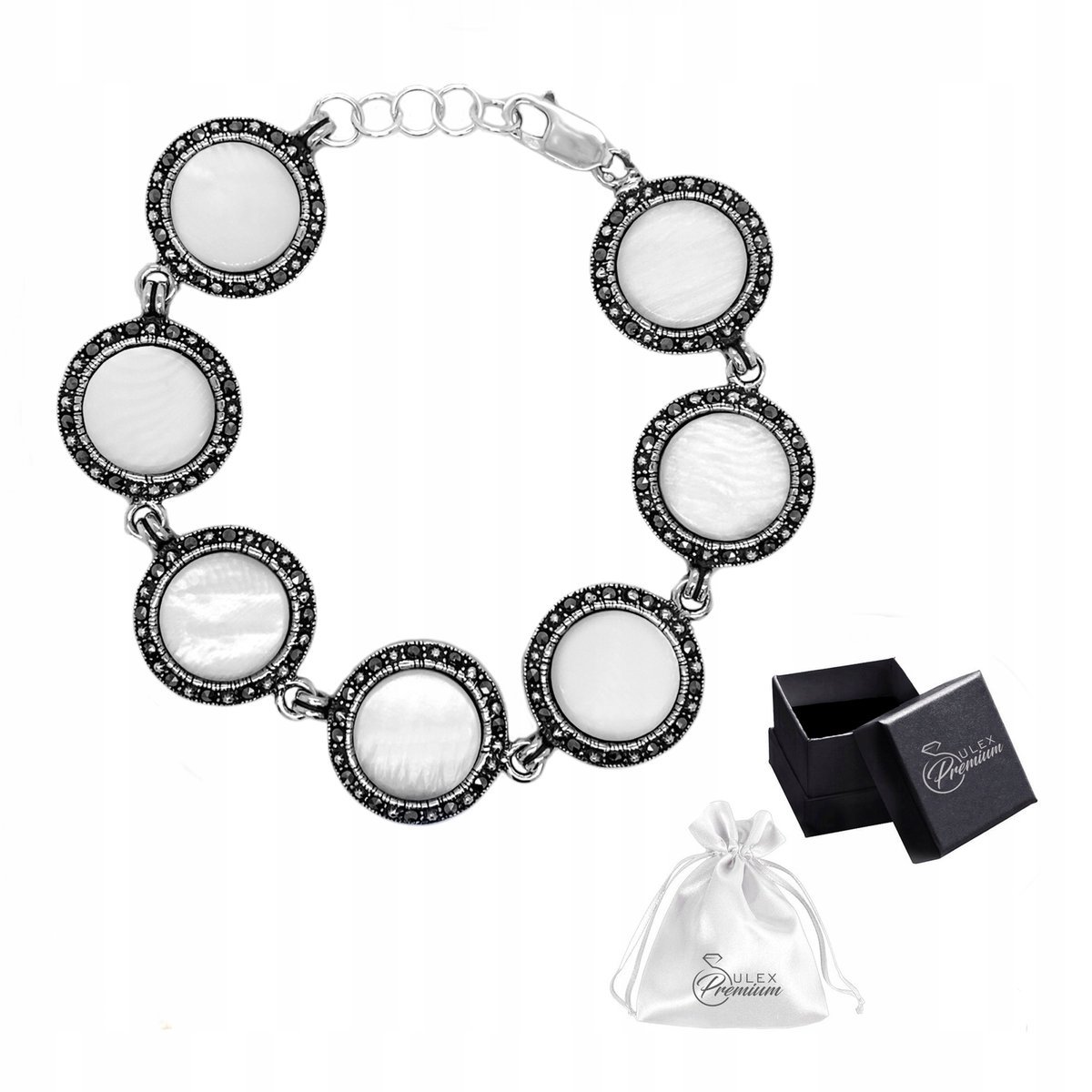 Bransoletka srebrna pr.925 Elegancka z Masą Perłową i Markazytami dla Niej