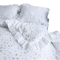 Pościel - Pościel Muślinowa Z Falbanką Komplet Zestaw 200X200 Cm Niebieskie Kwiatki + 2 Poduszki 70X80 Cm - miniaturka - grafika 1