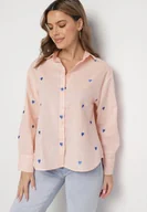 Koszule damskie - Różowa Koszula z Bawełny Ozdobiona Sercami Aslotis - miniaturka - grafika 1