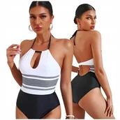 Stroje kąpielowe - STRÓJ KĄPIELOWY JEDNOCZĘŚCIOWY BIAŁY CZARNY KOSTIUM DAMSKI MODELUJĄCY S - miniaturka - grafika 1