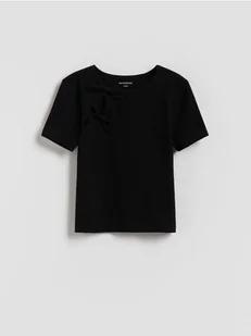 Reserved - Prążkowana bluzka z kokardkami - czarny - Koszulki dla dziewczynek - miniaturka - grafika 1