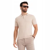Koszulki męskie - Męska koszulka polo slim fit w pionowy prążek beżowa OM-POSS-0143 V2 r. XXL - miniaturka - grafika 1