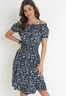 Sukienki - Granatowa Bawełniana Sukienka Hiszpanka w Kwiaty z Marszczoną Gumką w Talii Rosaliya - miniaturka - grafika 1