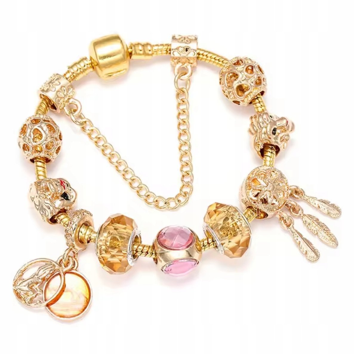 Złota Bransoletka Modularna Turmalin Charms Beads Lew Pióra Serca Kwiaty