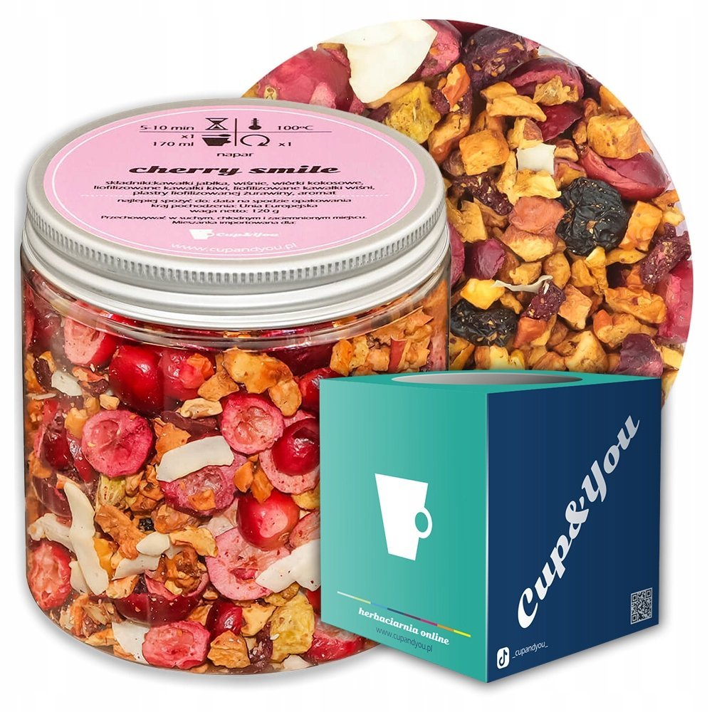 Herbata owocowa sypana CHERRY SMILE o smaku tropikalnym z wiśnią i jabłkiem - herbata liściasta sypana mieszanka napar susz - gotowa na prezent upom..