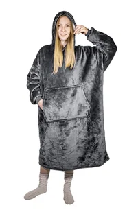 Ponczo telewizyjne z kapturem Hoodie szare - kocobluza z futerkiem, ciepłe, długi rękaw, duża kieszeń - Koce - miniaturka - grafika 1
