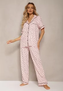 Piżamy damskie - Różowy Wiskozowy Komplet Piżamowy Ozdobiony Printem Koszula na Krótki Rękaw i Długie Spodnie Angelae - grafika 1