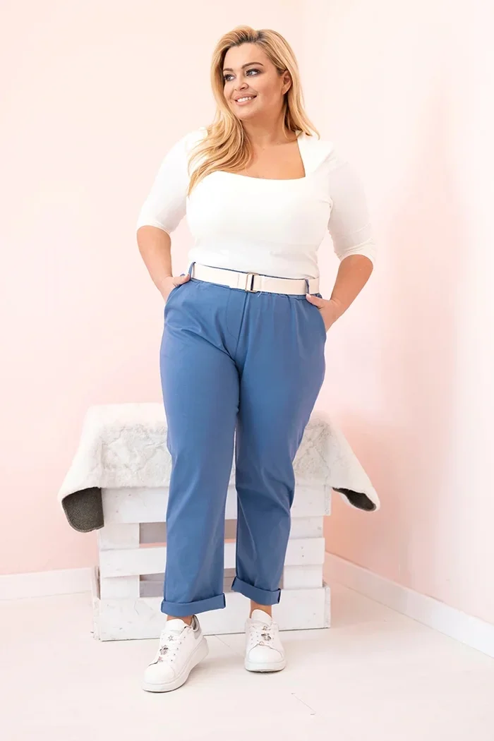 Spodnie damskie bawełniane Plus Size z paskiem jeansowe Jeansowy
