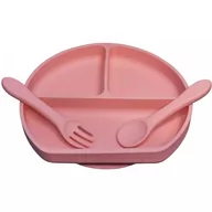 Zestawy naczyń dla dzieci - MYROYS, Silikonowy talerzyk ze sztućcami Różowy - miniaturka - grafika 1