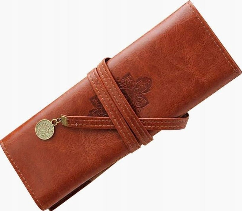 PIÓRNIK SKÓRZANY BRĄZOWY ZWIJANY KUFEREK ETUI ORGANIZER NA DŁUGOPISY