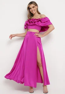 Fioletowy Komplet z Bluzką Hiszpanką z Falbankami i Spódnicą z Długim Rozcięciem na Boku Cevana - Komplety damskie - miniaturka - grafika 1