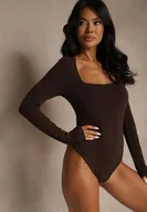 Body - Brązowe Body z Wiskozą i Bawełną Ozdobione Kwadratowym Dekoltem Amerrise - miniaturka - grafika 1